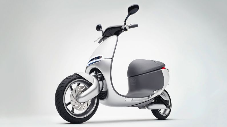 A quiet, battery-powered scooter with a light aluminum chassis. Rather than owning batteries, riders can swap their power cells for fully recharged ones at one of Gogoro's Taipei battery stations. (GogGoRo © 2011 Gogoro Taiwan Ltd.)