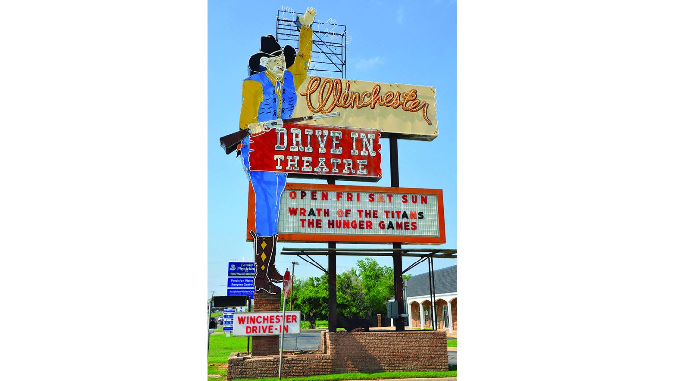 <strong>Winchester Drive-In, Oklahoma City, Oklahoma</strong>: Seltzer wants the signs to stay in their original context. "Most preservationists would like them to either stay right where they were originally installed," she says. This sign at Winchester Drive In Theatre in Oklahoma opened in 1968 -- the paint and neon color is original.