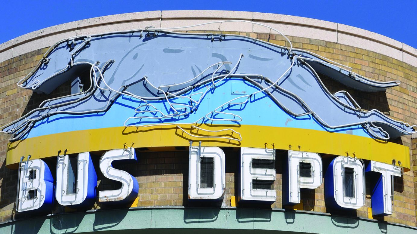 <strong>The Greyhound bus station, Pocatello, Idaho:</strong> Seltzer also advocates the protection of original signs, which are dwindling in numbers. "They're all so vulnerable out there to the elements," she says. This 1946 Greyhound sign may have been one of a kind. In 2015 it was restored with funds from the Relight the Night organization in Pocatello. 