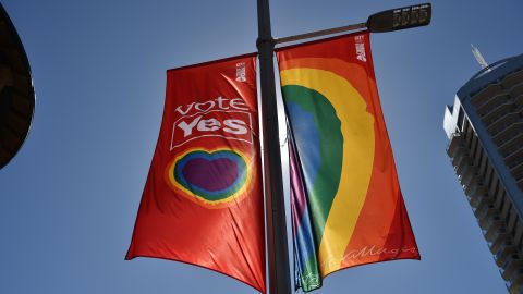 A "Vote Yes" banner in support of same sex-marriage hangs on a street in Sydney on September 5, 2017.
Same-sex marriage advocates launched legal action in Australia's highest court on September 5, 2017 against a controversial government plan for a postal vote on the issue, calling it divisive and harmful. / AFP PHOTO / PETER PARKS (Photo credit should read PETER PARKS/AFP/Getty Images)