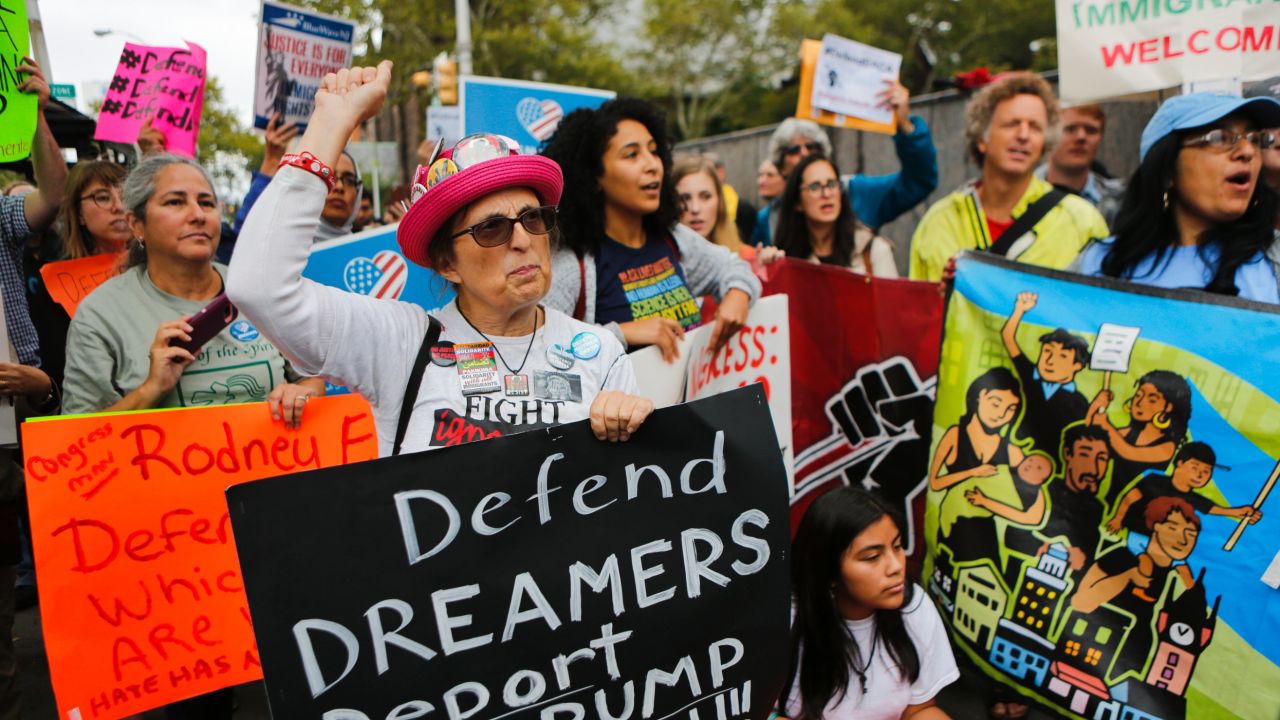 NEWARK, NJ - SEPTEMBER 06: Immigration activists protest the Trump administration's decision to end the Deferred Action for Childhood Arrivals (DACA) program on September 6, 2017. in Newark, New Jersey. The decision represents a blow to young undocumented immigrants, also known as "dreamers," who have been shielded from deportation under DACA.  (Photo by Eduardo Munoz Alvarez/Getty Images)