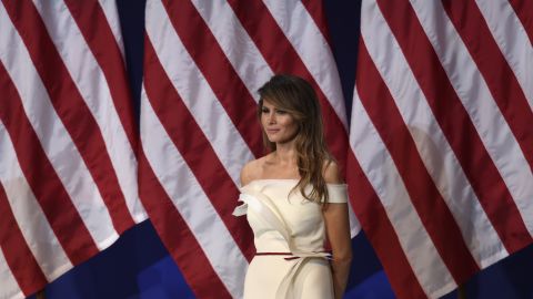 First Lady Melania Trump wearing a gown by designer Hervé Pierre at the Salute to Our Armed Services Inaugural Ball at the National Building Museum in Washington, DC, January 20, 2017.