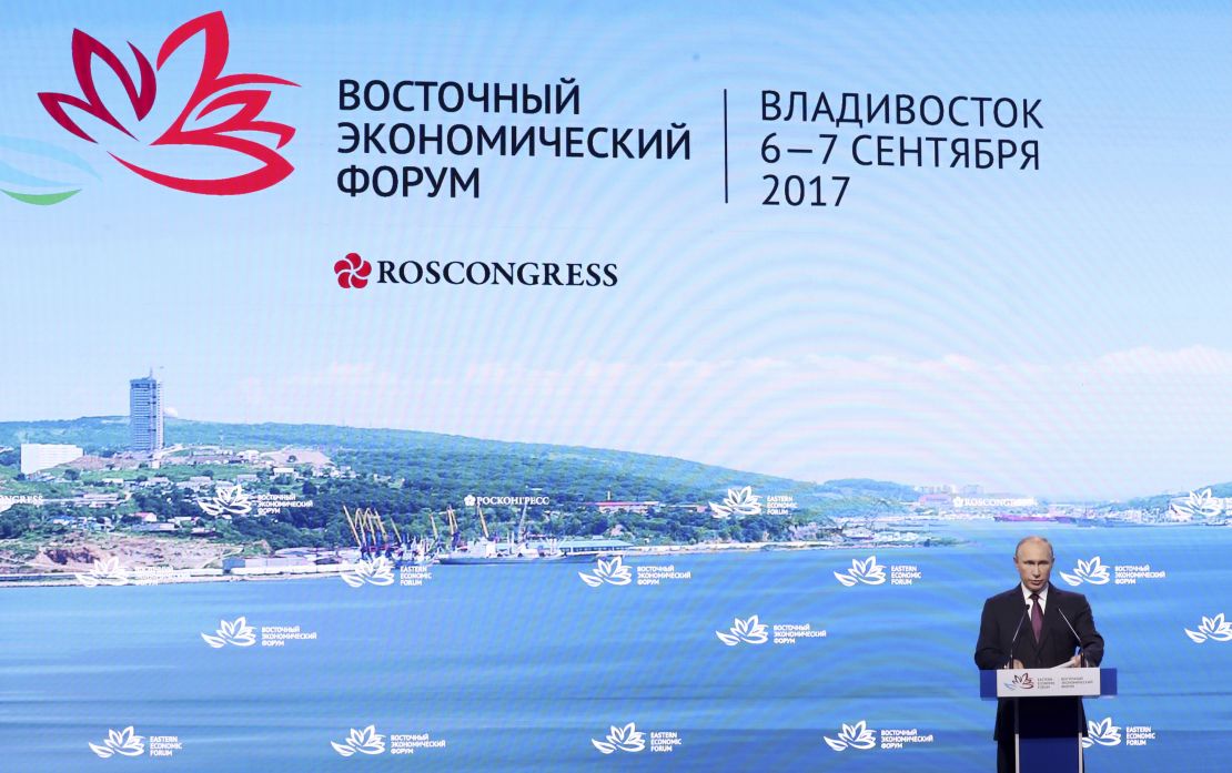Russian President Vladimir Putin addresses the Eastern Economic Forum on Thursday in Vladivostok.