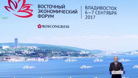 Russian President Vladimir Putin addresses the Eastern Economic Forum on Thursday in Vladivostok.