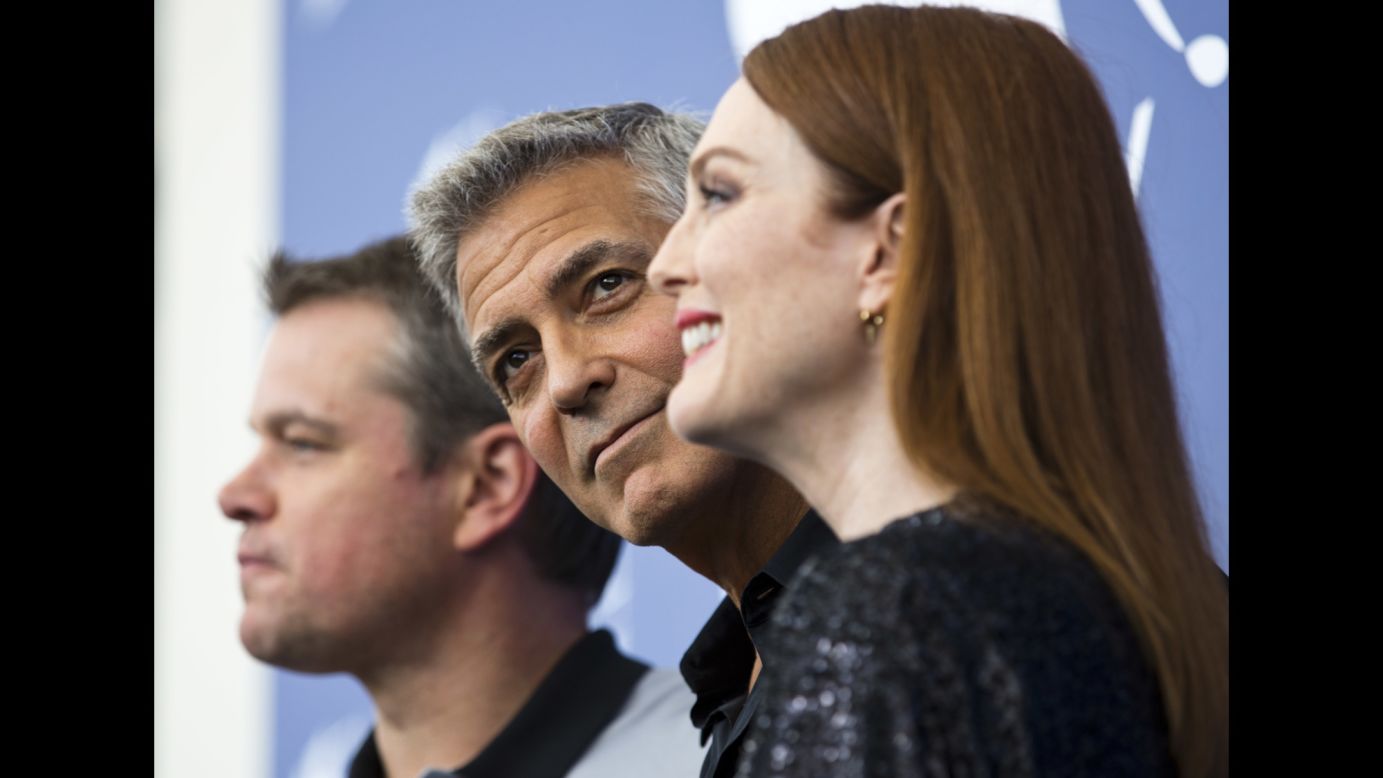 From left, actors Matt Damon, George Clooney and Julianne Moore pose for photos during the <a href="http://www.cnn.com/style/gallery/venice-film-festival-2017/index.html" target="_blank">Venice International Film Festival</a> on Saturday, September 2. Damon and Moore star in the new film "Suburbicon," which Clooney directed.