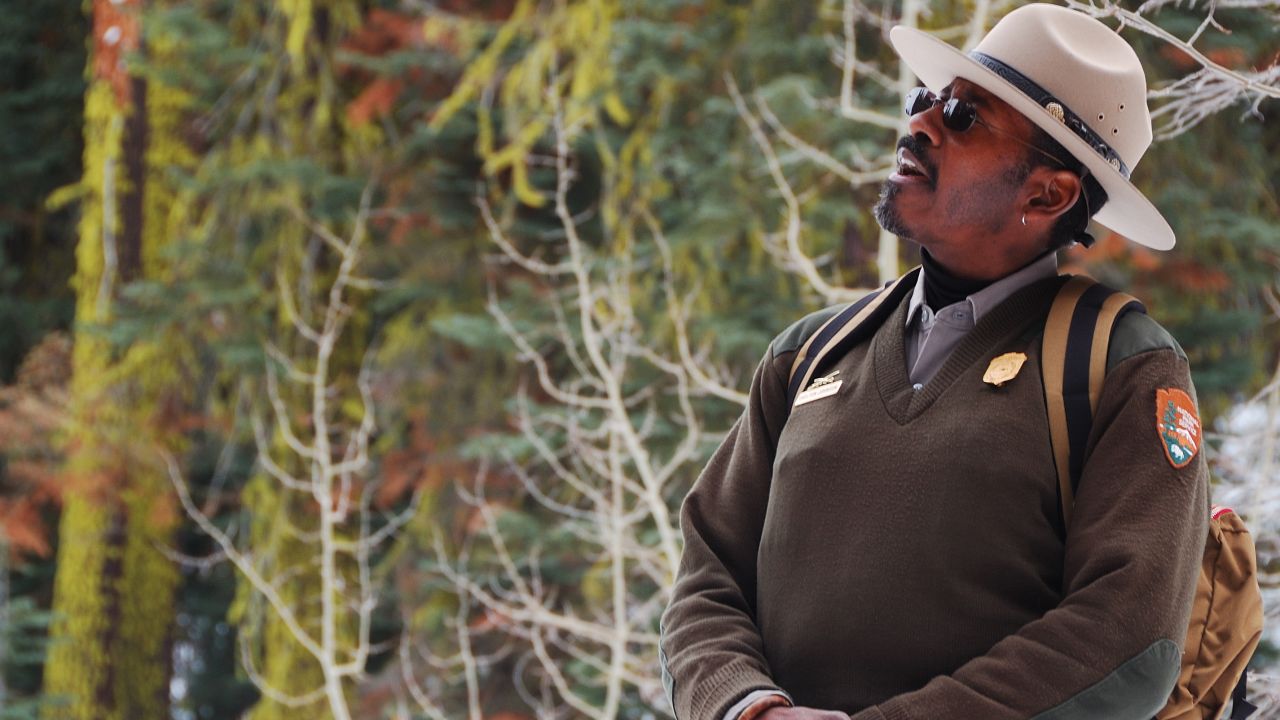 Park Ranger Shelton Johnson conducts a snowshoe walk at Badger Pass in California's Yosemite National Park.