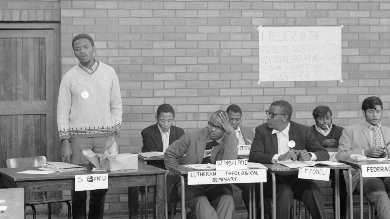 Biko (left) addresses council members of the South African Students Organization at the University of Natal, Durban in July, 1971.