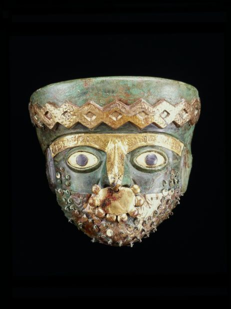 The Moche civilization used a wide variety of techniques to create ceramics, textiles and other luxury items. This burial mask is made from a combination of copper, gilt copper, gold, shell and stone.