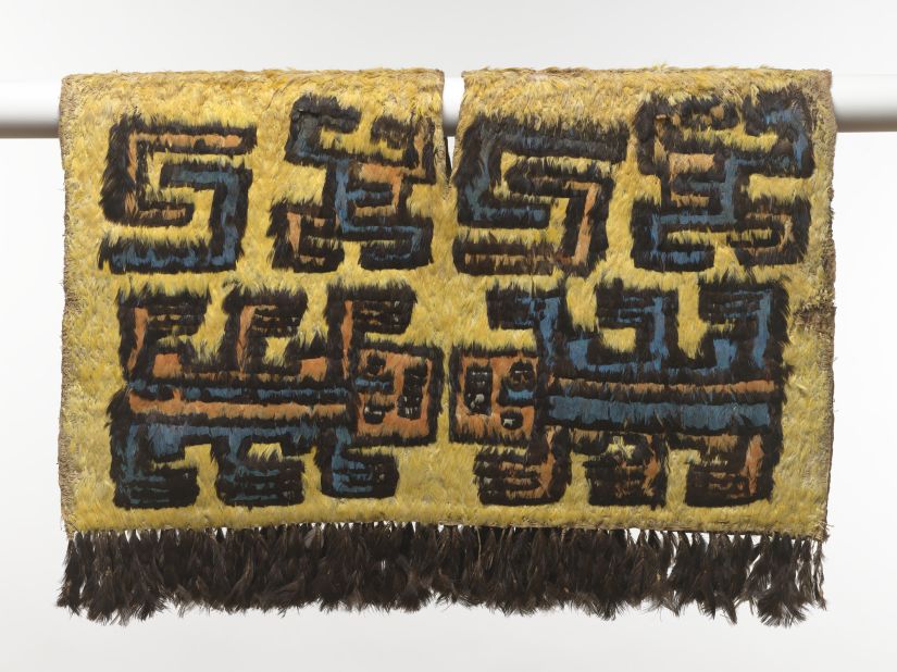 Although a number of gold items are featured in the exhibition, co-curator Timothy Potts said that he wanted to focus on "the other materials that these cultures valued." This relic from the Nazca civilization is made from feathers and cotton.