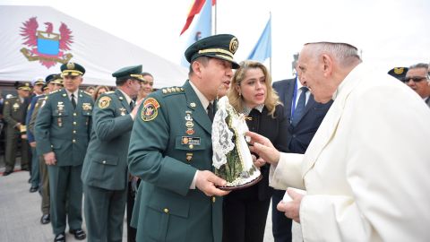 Pope Francis greets veterans after arriving at the Apiay Naval Base in Villavicencio, Colombia, on Friday, September 8. The Pope is on a five-day visit to Colombia, <a href="http://www.cnn.com/2017/09/05/europe/pope-colombia-preview/index.html" target="_blank">making good on his promise</a> to travel there once the government and FARC rebels reached a peace deal in their decades-long civil war.