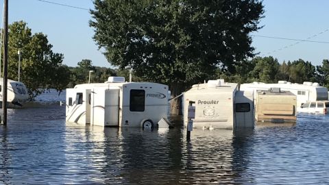 Trailers in an RV park sit in floodwaters from Tiger Creek in Rose City on September 6.