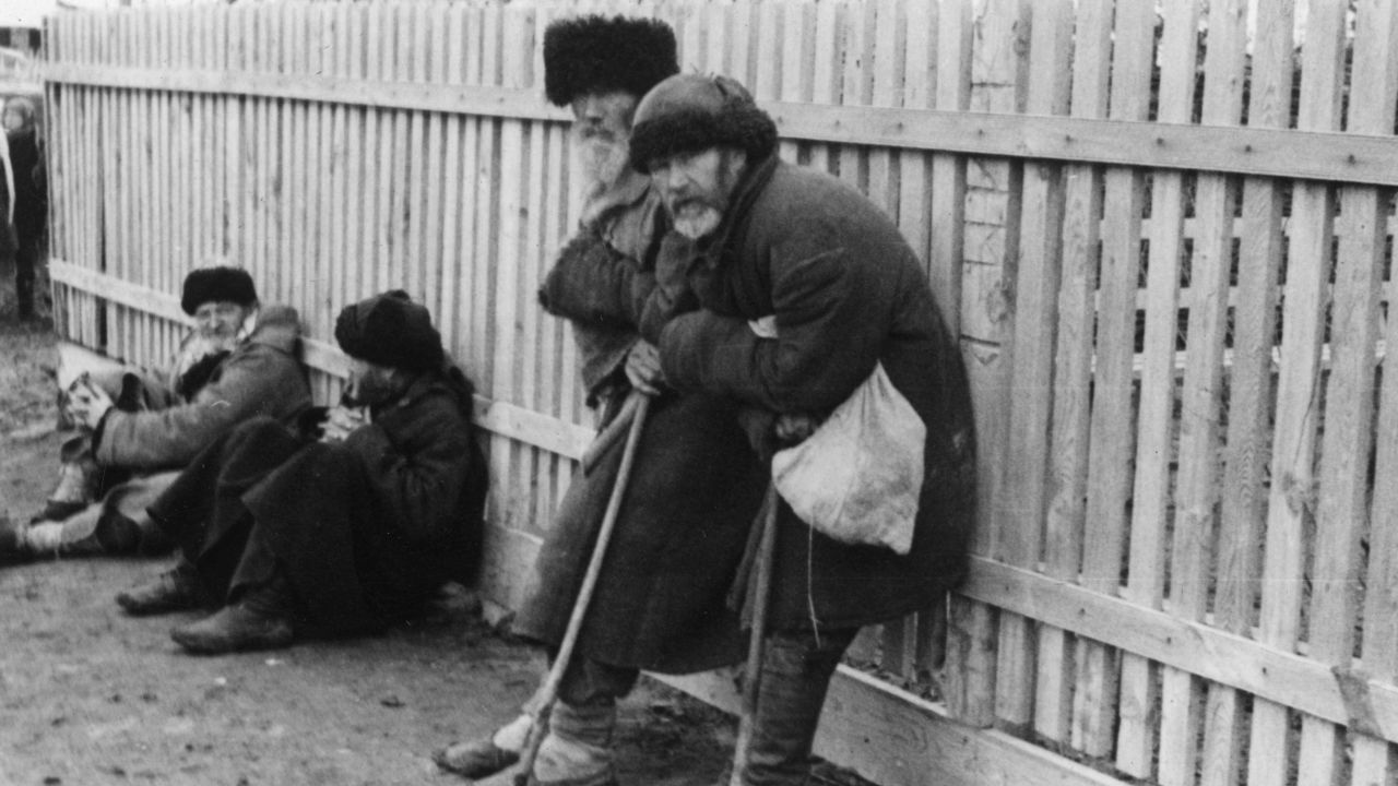 April 1934:  A group of homeless peasants near Kiev during a famine in the Soviet Union.  (Photo by Hulton Archive/Getty Images)