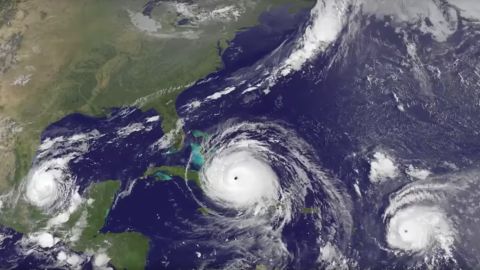 Satellite imagery shows Category 4 Hurricane Irma approach the Bahamas, followed by Hurricane Jose approaching the Leeward Islands. Hurricane Katia spins in the southwestern Gulf of Mexico.