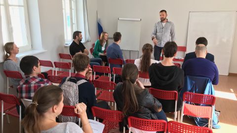 Shkilarov teaches first-time candidates door-to-door canvassing techniques in August.