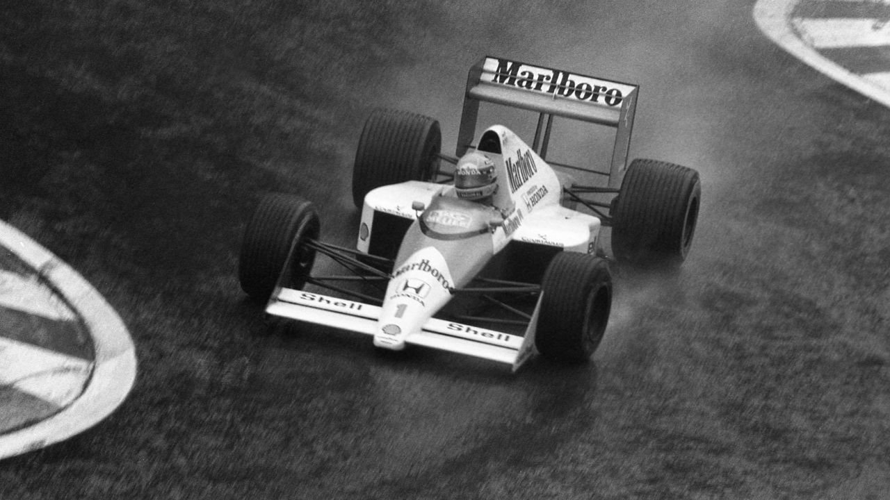 Brazilian F1 racer Ayrton Senna drives for McLaren-Honda at the 1990 British Grand Prix.