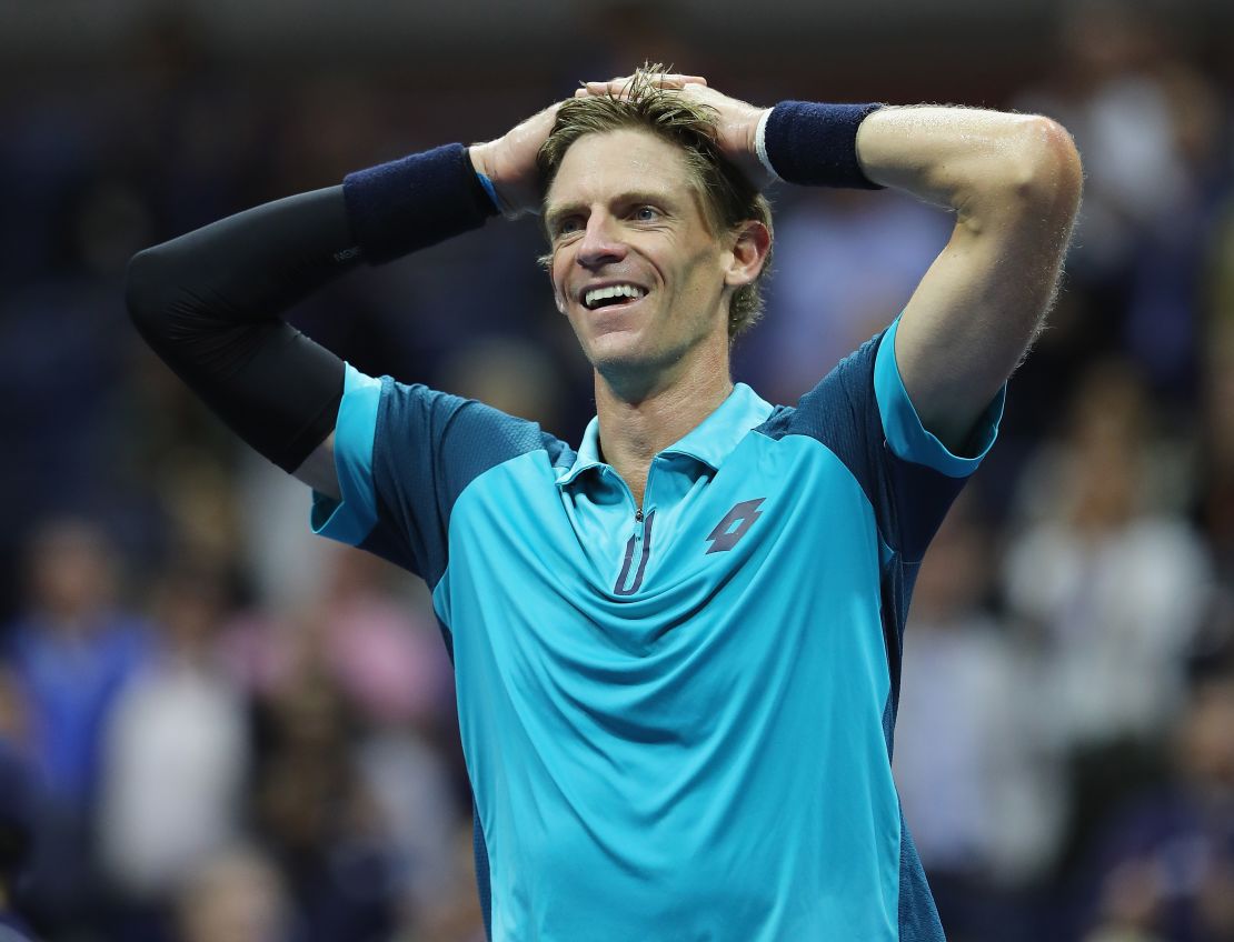 Kevin Anderson celebrates after defeating Pablo Carreno Busta to reach his first major final.