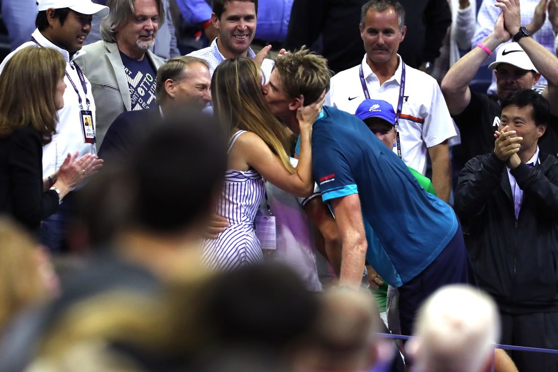 Anderson celebrated the win by climbing into the first row of seats to his support group, which includes his wife, Kelsey.