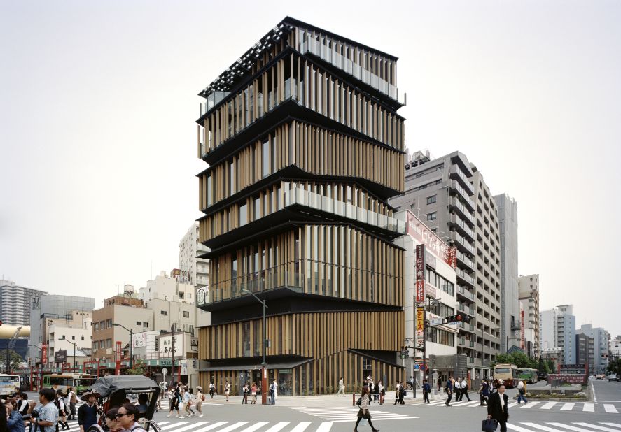 Designed by Japanese architect Kengo Kuma, the Asakusa Culture Tourist Information Center in Tokyo combines double-glazed glass panels with other materials, including steel and wood.