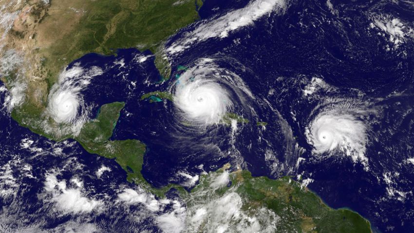NOAA's GOES satellite shows Hurricane Irma (C) in the Caribbean Sea, Tropical Storm Jose (R) in the Atlantic Ocean and Tropical Storm Katia in the Gulf of Mexico taken at 15:45 UTC on September 08, 2017.