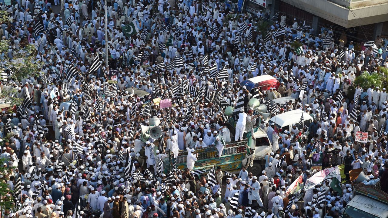 Pakistani Muslims gather during a protest against the Myanmar government in Karachi on September 8, 2017.