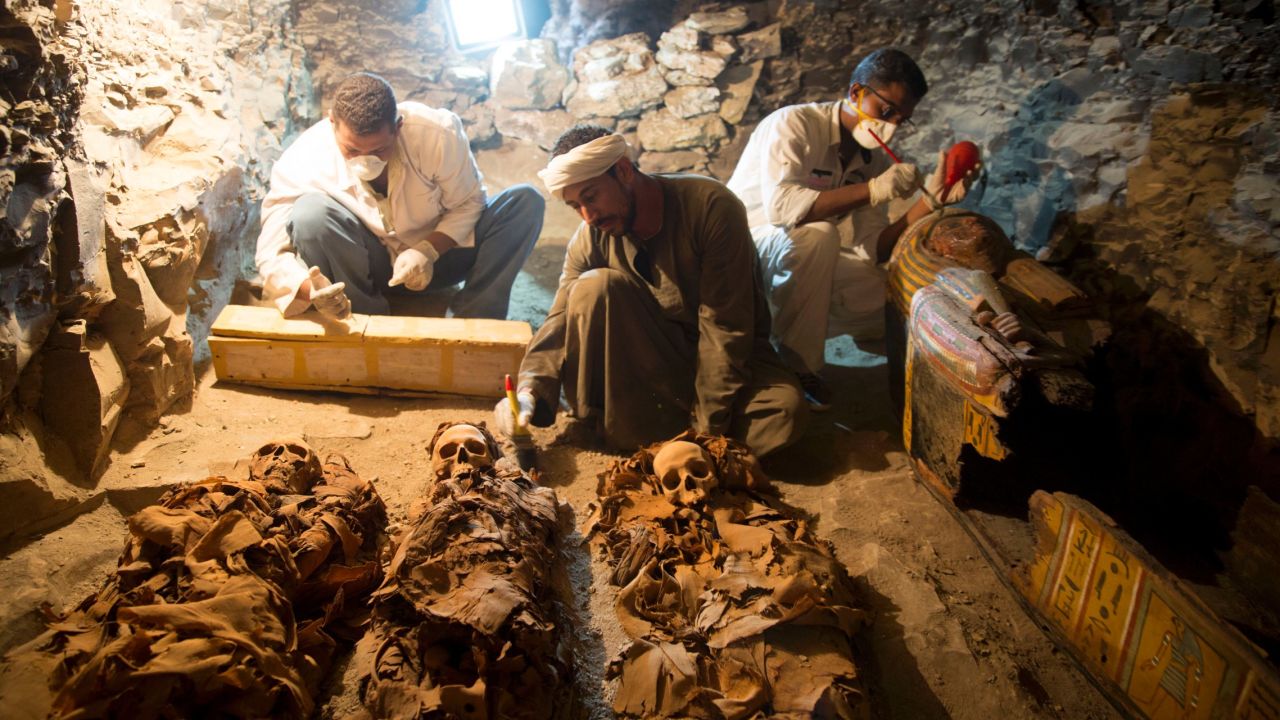 Researchers carefully examine the tomb.