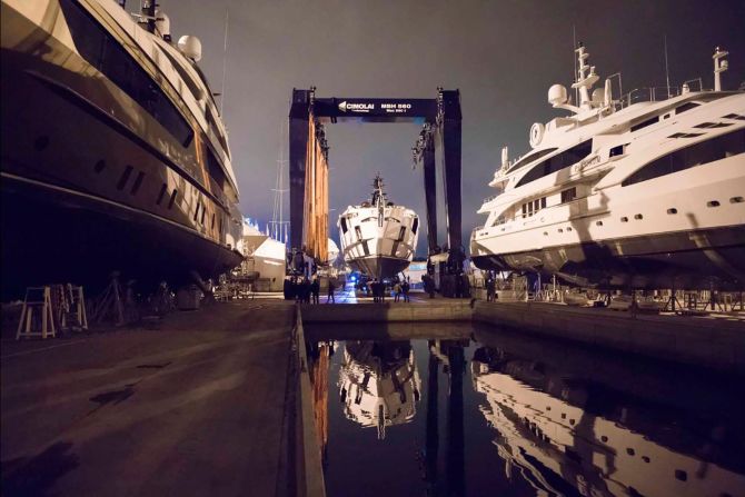 The final leg of the Aurora's journey into the Mediterranean is handled via a giant lift that can support its massive 320 ton weight.