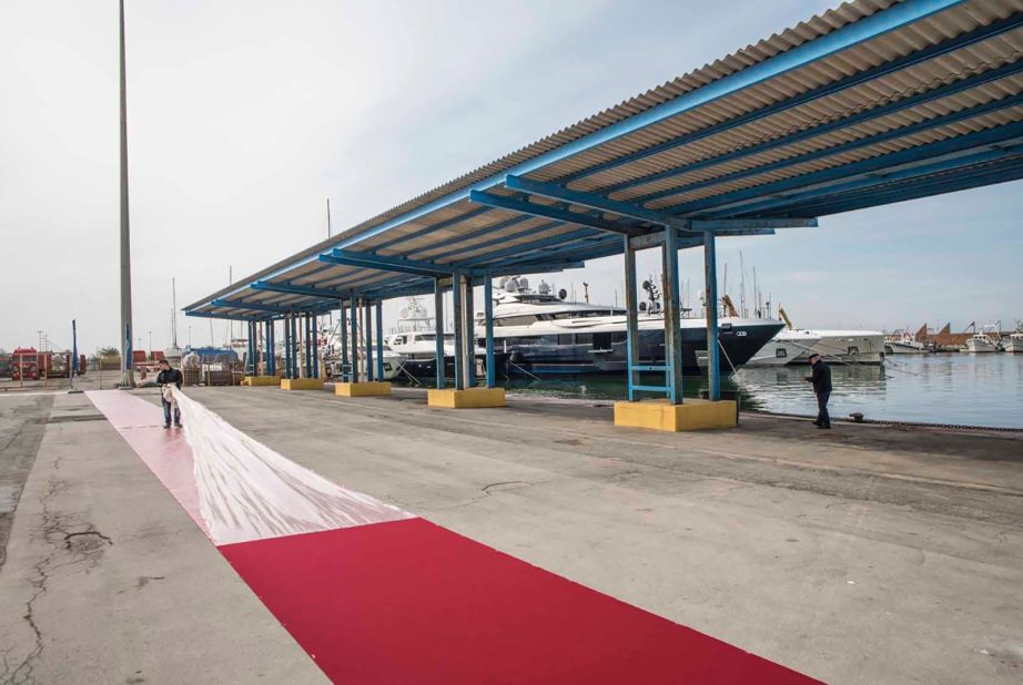 A dockside red carpet is rolled out the morning of the launch.