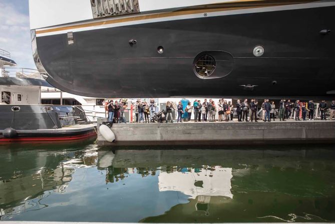 The Aurora hovers over the Mediterranean before it is lowered into the water for the first time.