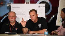 Administrator Brock Long of FEMA speaks during a firehouse briefing on Hurricane Harvey in Corpus Christi, Texas on August 29, 2017.
