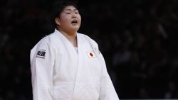 Japan Sarah Asahina reacts after defeating Japan Kanae Yamabe during +78 kgs final, on February 12, 2017 at the AccorHotels Arena in Paris, during the Judo Grand Slam Paris 2017.    / AFP / PATRICK KOVARIK        (Photo credit should read PATRICK KOVARIK/AFP/Getty Images)