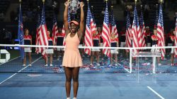 NEW YORK, NY - SEPTEMBER 09:  Sloane Stephens of the United States poses with the championship trophy during the trophy presentation after the Women's Singles finals match on Day Thirteen of the 2017 US Open at the USTA Billie Jean King National Tennis Center on September 9, 2017 in the Flushing neighborhood of the Queens borough of New York City. Sloane Stephens defeated Madison Keys in the second set with a score of 6-3, 6-0.  (Photo by Elsa/Getty Images)