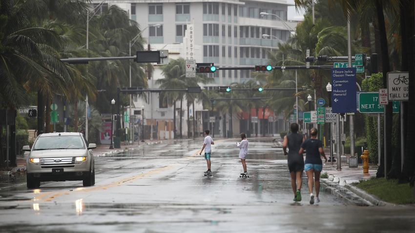 MIAMI BEACH, FL - SEPTEMBER 09: A nearly empty street is seen as outerbands of Hurricane Irma pass through on September 9, 2017 in Miami Beach, Florida. Florida is in the path of the Hurricane which may come ashore at  category 4.  (Photo by Joe Raedle/Getty Images)