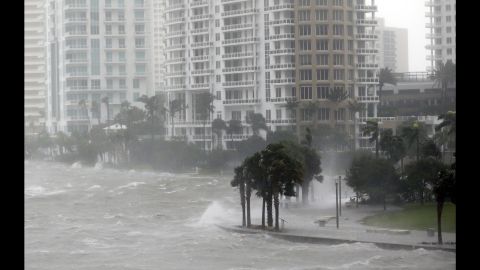 Waves batter a seawall in Miami as Hurricane Irma arrives on September 10.