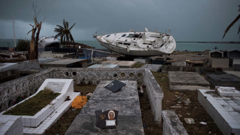 A sailing boat is beached in the cemetery of Marigot on St. Martin  on Saturday.