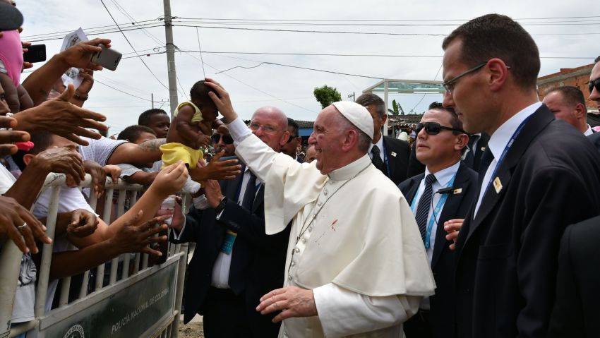 Pope Francis, showing a bruise around his left eye and eyebrow caused by an accidental hit against the popemobile's window glass while visiting the old sector of Cartagena,Colombia, is greeted by faithful on September 10, 2017.Nearly 1.3 million worshippers flocked to a mass by Pope Francis on Saturday in Medellin, the Colombian city known as the stronghold of the late drug lord Pablo Escobar. / AFP PHOTO / Alberto PIZZOLI        (Photo credit should read ALBERTO PIZZOLI/AFP/Getty Images)
