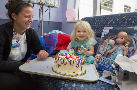 Willow Stine was diagnosed with leukemia on Friday and turned 3 on Sunday. Most of<strong> </strong>her family, including her sister and dad, couldn't get to the hospital to celebrate because of Hurricane Irma. <br />Kelly Boyd, a child life specialist, and other hospital staff made a birthday party for Willow, cake and all.<br />