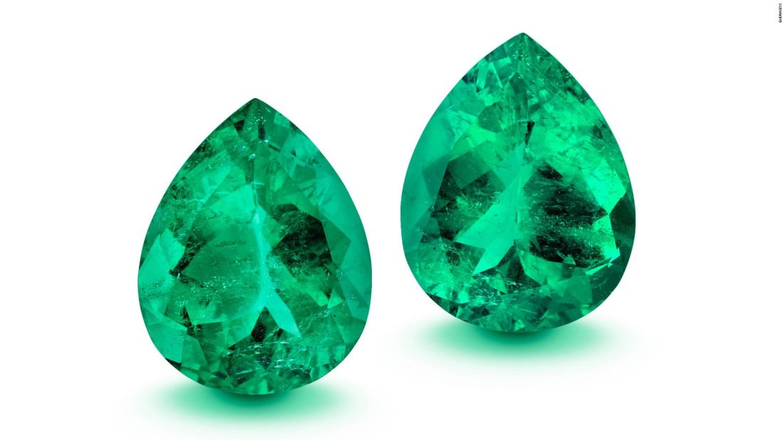 These teardrop-shaped Muzo emeralds carry a total weight of nearly 100 carats. Matching pairs of emeralds of this shape and size are extremely rare.