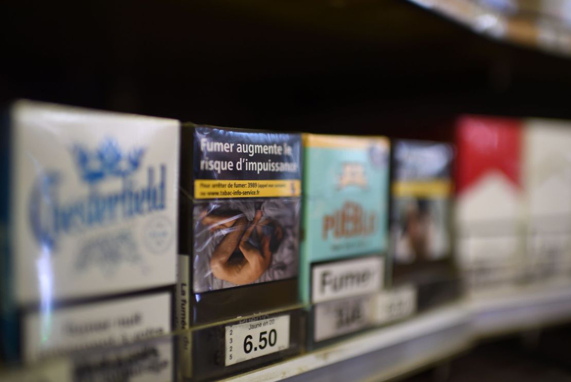 A plain cigarette pack in a tobacco shop in Paris in 2016. As of January 2017, all cigarettes must have plain packaging in France. 