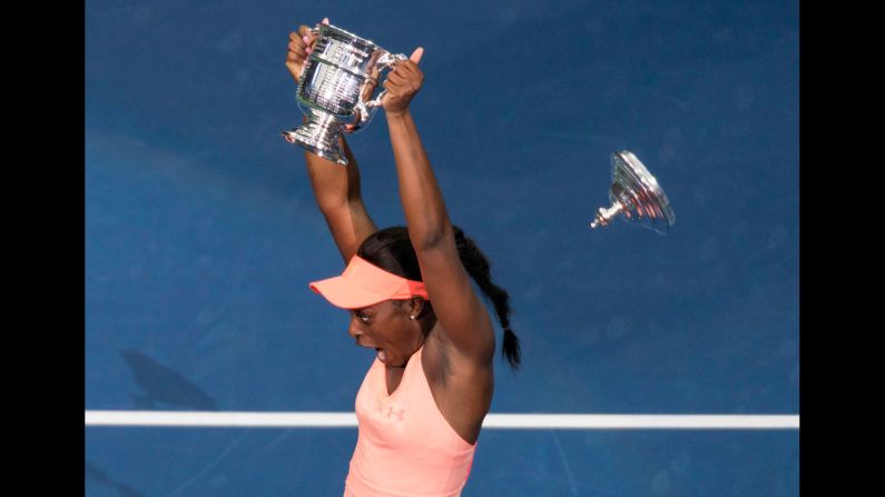 Sloane Stephens, this year's US Open champion, reacts as the lid to her trophy falls off on Saturday, September 9. Stephens, a 24-year-old American ranked 83rd in the world, <a href="index.php?page=&url=http%3A%2F%2Fwww.cnn.com%2F2017%2F09%2F09%2Ftennis%2Fus-open-final-madison-keys-sloane-stephens%2Findex.html" target="_blank">defeated Madison Keys 6-3, 6-0</a> to win the first Grand Slam of her career.