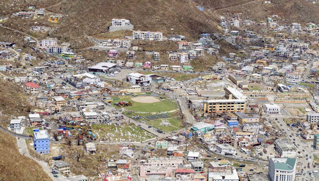 Damage to the British Virgin Islands, seen from the air.
