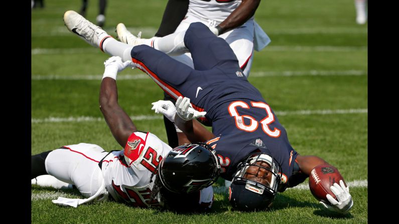 Chicago running back Tarik Cohen dives into the end zone during the season opener against Atlanta on Sunday, September 10. Cohen and the Bears came up short, however, against last year's NFC champions. The Falcons won 23-17.