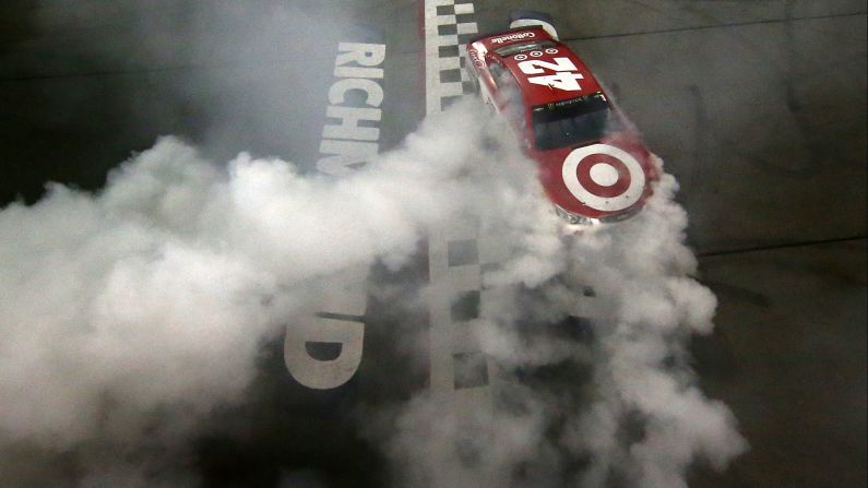 NASCAR driver Kyle Larson celebrates with a burnout after winning the Cup Series race in Richmond, Virginia, on Saturday, September 9. It was the fourth victory of the season for Larson, who enters the playoffs ranked second in the overall standings.