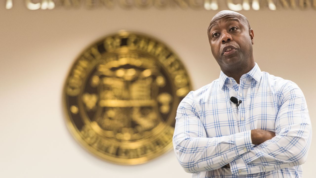 Sen. Tim Scott addresses a crowd at a town hall meeting at the Charleston County Council Chambers in February 2017 in North Charleston, South Carolina.
