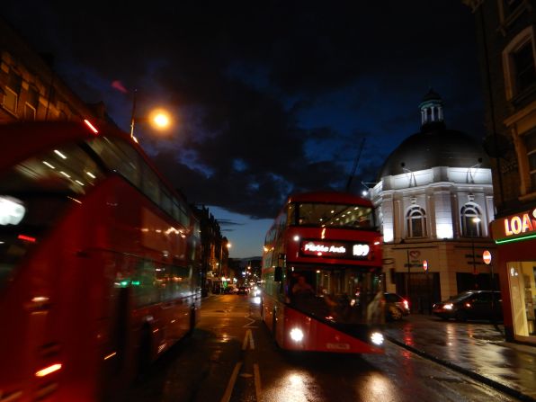 <strong>Night cityscape: </strong>While the sky looked good and the buildings were sharp in the camera's automatic Night Landscape mode, the buses lacked a suitably dynamic blur. 
