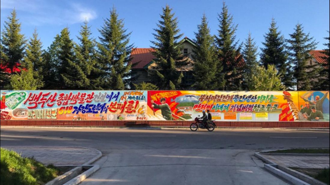 Propaganda banners line the streets of Samjiyon on September 4.