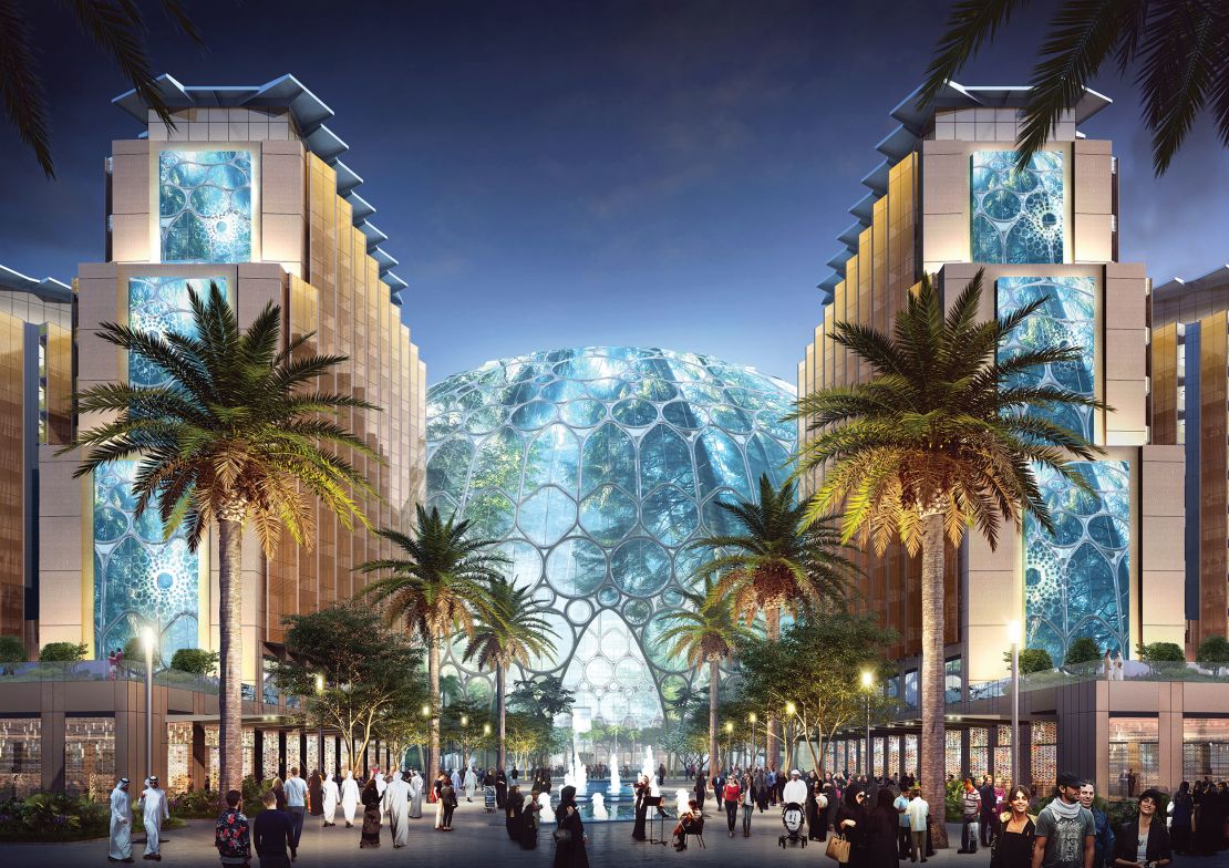 The Al Wasl Plaza lit up at night. The space at the heart of the expo site is set to live beyond the six-month event as the central hub of a new district in Dubai South.