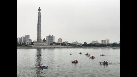 Sunday afternoon row boats on the Taedong River, Pyongyang, beside Juche Tower. Taken on September 10.