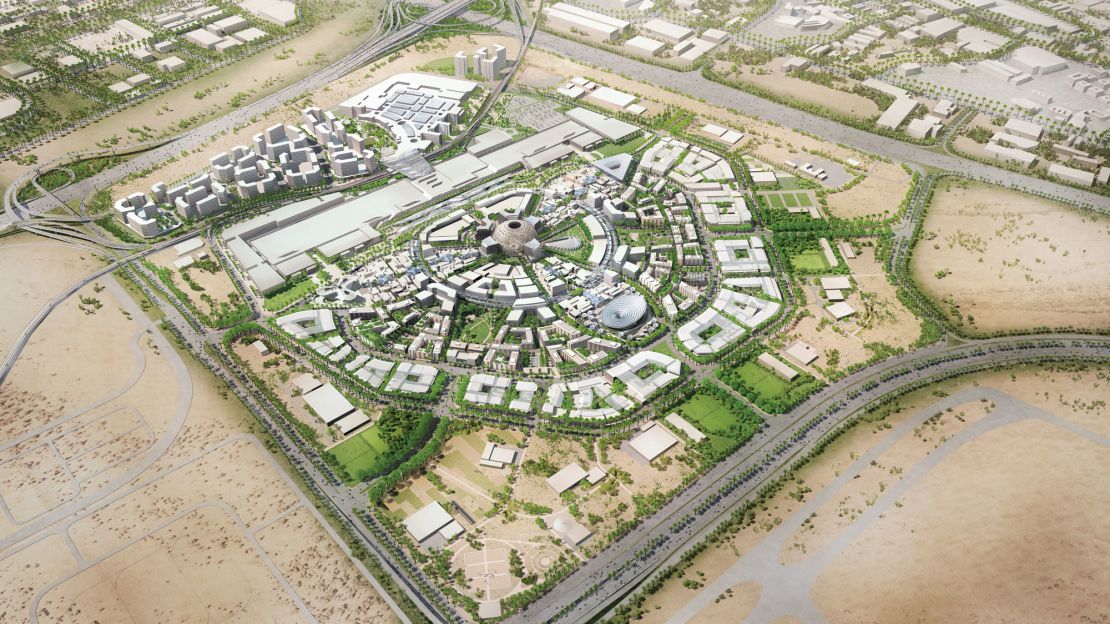 The Expo 2020 legacy plan includes among its permanent structures (clockwise from left): the Mobility Pavilion, the Al Wasl Plaza, the UAE Pavilion and the Children and Science Center (previously the Sustainability Pavilion). 
