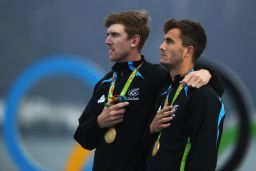 Peter Burling (left) and Blair Tuke celebrating their 2016 Olympic gold medal. 
