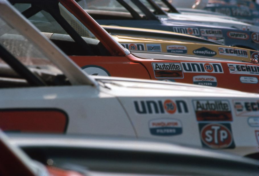 Cars used to compete at lined up in a row NASCAR, 1970.